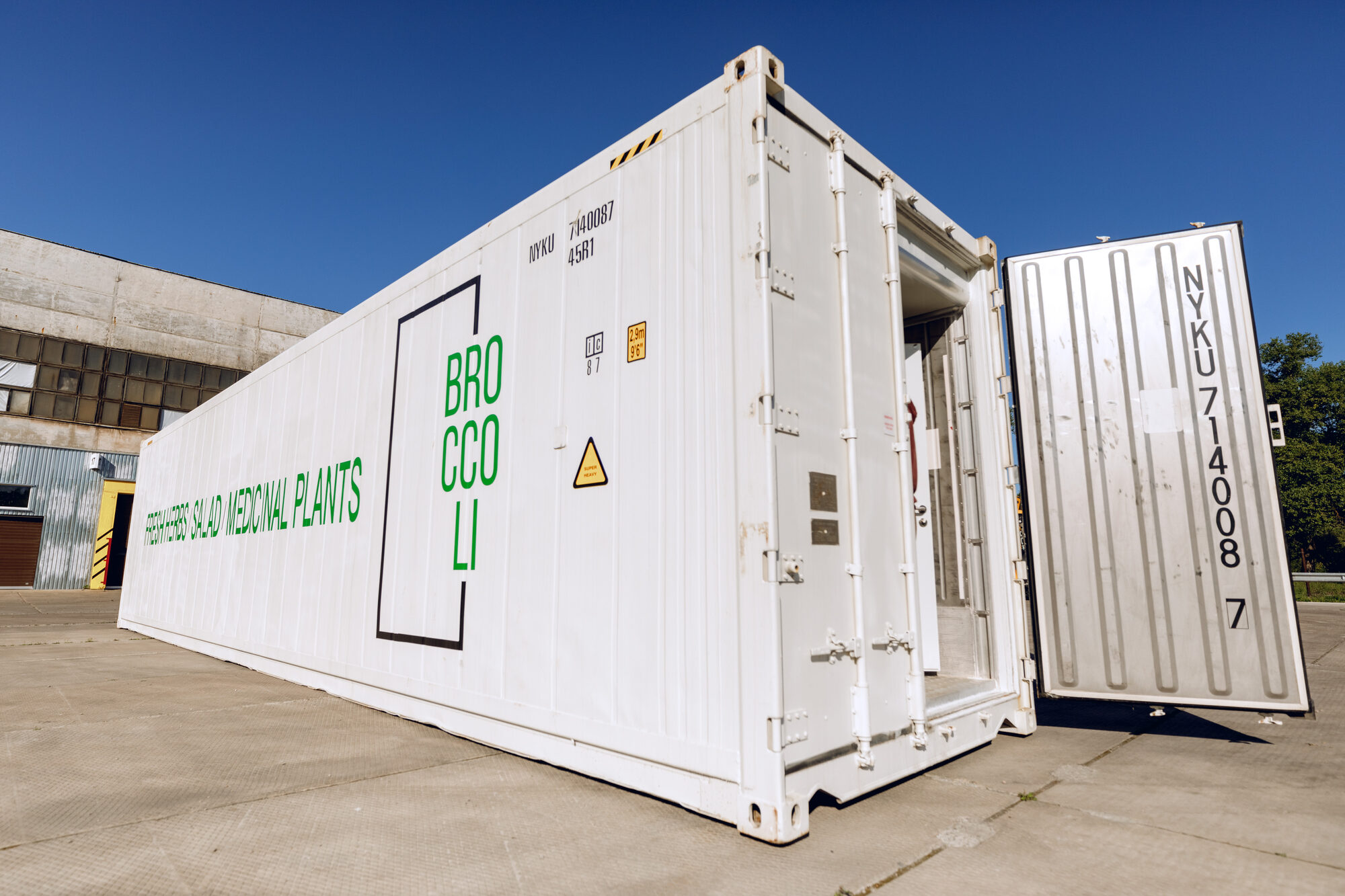 40-ft hydroponic container farm exterior with doors open